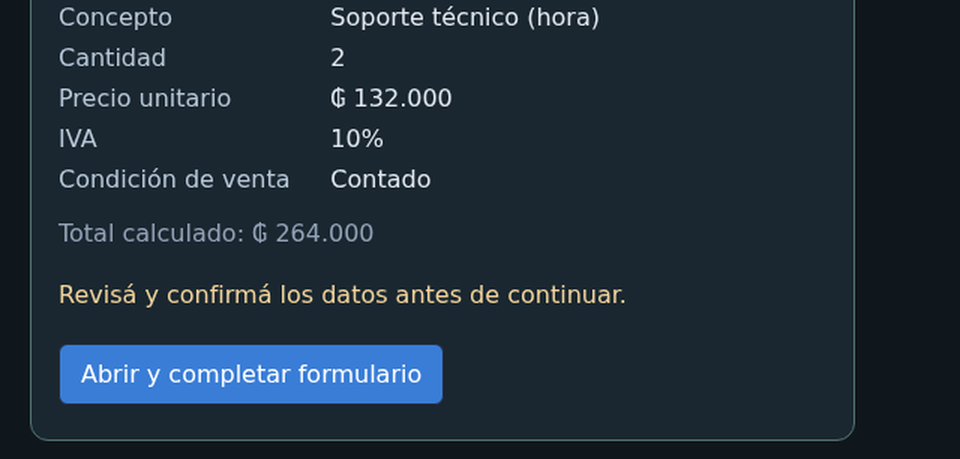 Borrador de factura preparado por el asistente de CQ TRINIT, con concepto, cantidad, precio, impuesto y total, y el aviso de revisar y confirmar los datos antes de continuar